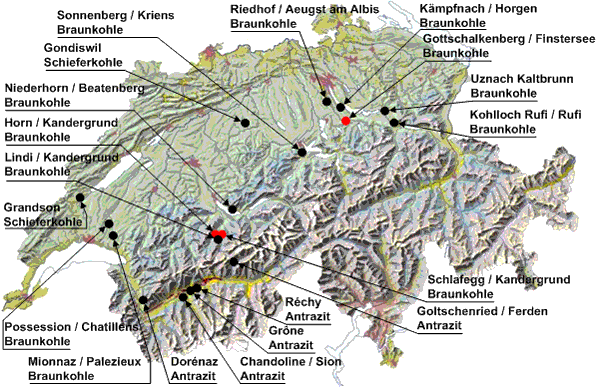 Standorte Schweizer Kohleabbau 1850 bis 1950
