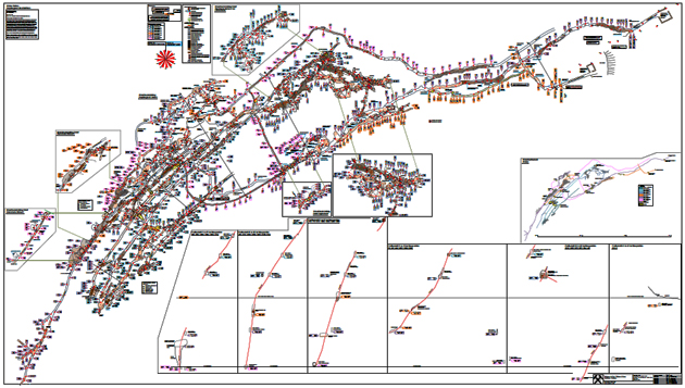 Detaillierter Grubenplan, Grundriss, Seigerriss von rund 50% der Berwerksanlage Hauptwerk. Stand 14. November 2023