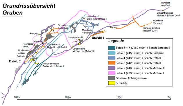 Übersicht Grubenwerke des Eisenbergwerks Betriebszeit geschätzt 1300 bis 1570